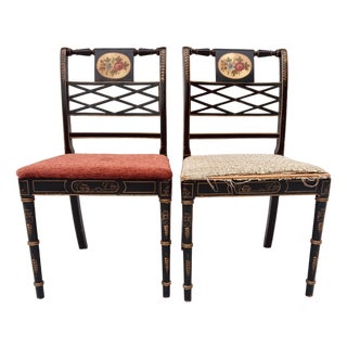 50's Regency Style Painted Black Chinoiserie Set of 2 Chairs For Sale
