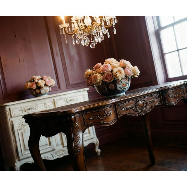 French Vintage French Louis XV Style Carved Walnut Writing Desk With Leather Top For Sale - Image 3 of 9