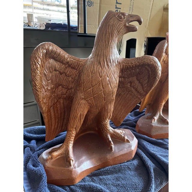 Pair of 23” Vintage Glazed Terra Cotta Federal Eagle Sculptures For Sale In Portland, OR - Image 6 of 12