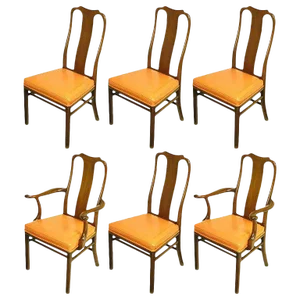 Six Walnut and Tooled Leather Splat-Back Dining Chairs