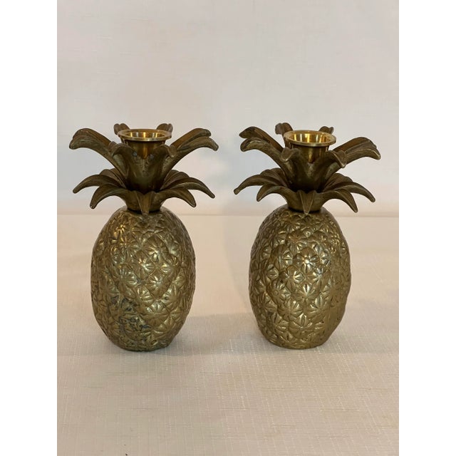 Vintage Boho Chic Brass Pineapple Candlestick Holders - A Pair For Sale - Image 9 of 11