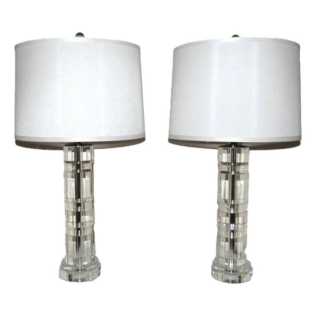 Pair of Ralph Lauren Table Lamps 'Farrah' Style Crystal Glass Column With Shades For Sale