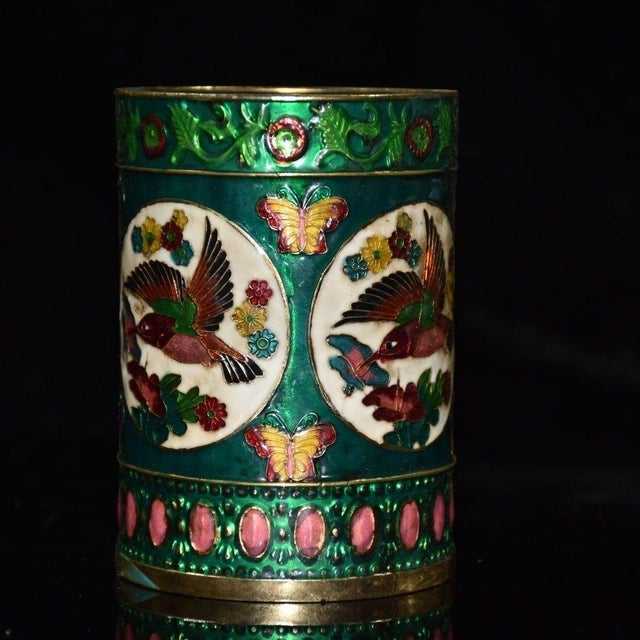 1960s Enamel Brush Pot With Bird and Flower Motif For Sale - Image 4 of 9