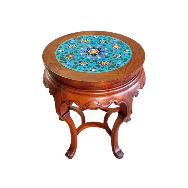 Chinese Mid-20th Century Chinese Rosewood Tables With Inset Cloisonné Tops- A Pair For Sale - Image 3 of 7