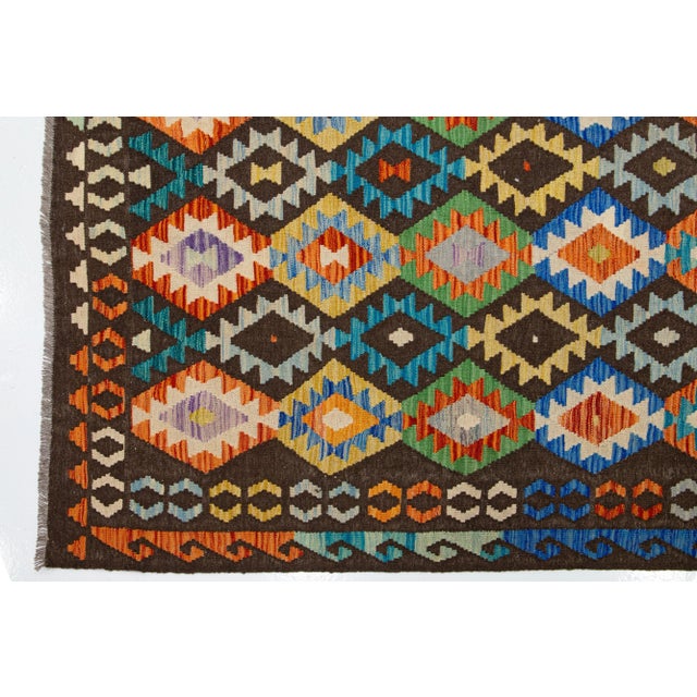 Textile Multicolor Contemporary Kilim Wool Rug Flatweave With Geometric Pattern For Sale - Image 7 of 7