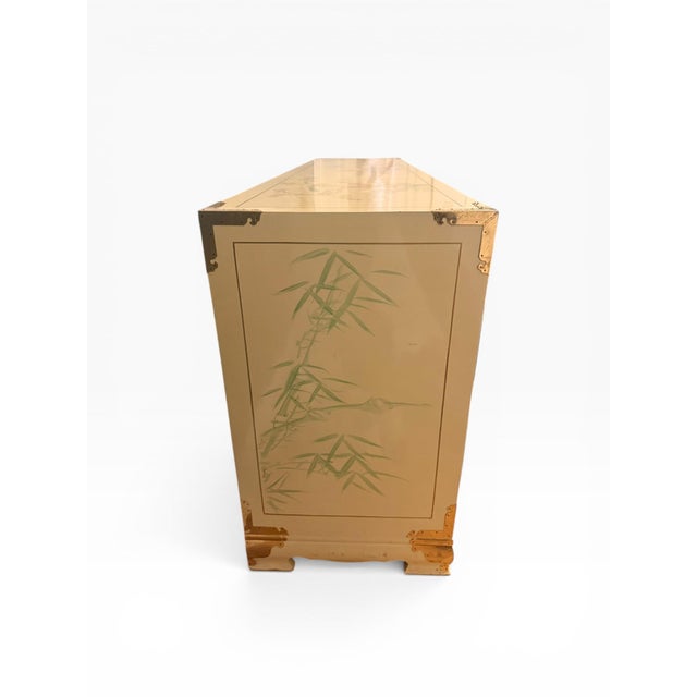 Vintage Chinoiserie Lacquered Dresser With Brass Hardware & Hand-Painted Motifs For Sale - Image 4 of 8