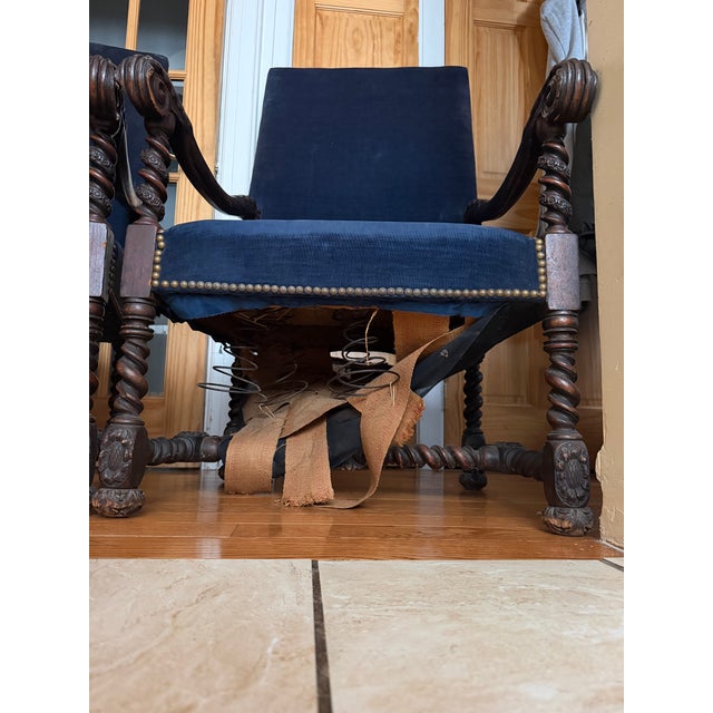 Mid 20th Century Pair of Jacobean Revival Carved Wood Barley Twist Velvet Armchairs For Sale - Image 12 of 12