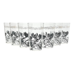 1950s Federal Glass, Set of 7 Black Flower & Gold Leaf Highball Tumbler Glasses