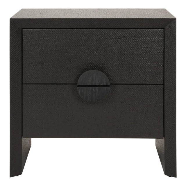 Matthew Izzo Home Ezra Painted Black Grasscloth Side Table With Black Oak Handles For Sale