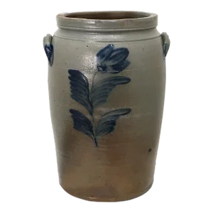 Large 3 Gallon Antique American Stoneware Jar - Crock With 2 Hand Decorated Blue Tulip Flowers - Circa Mid 19th Century