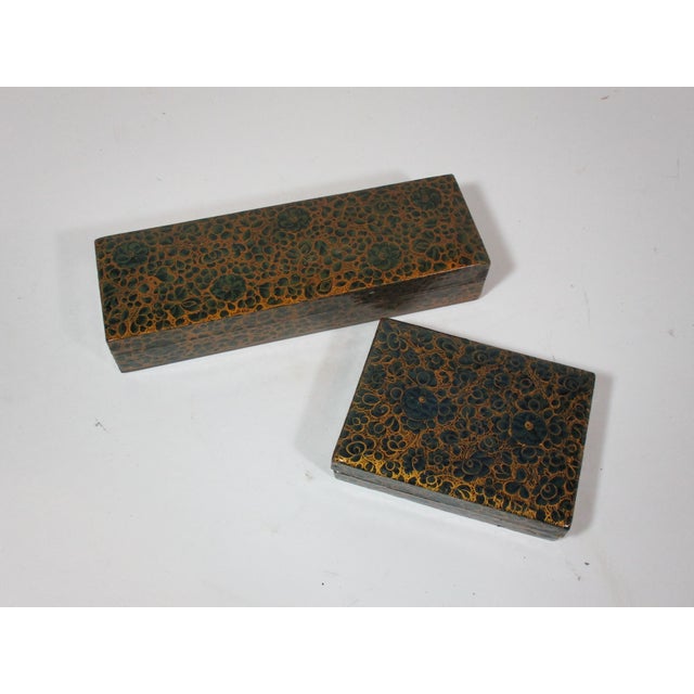 Art Deco Vintage Kashmir Handmade and Hand-Painted Lacquered Boxes, Set of 2 For Sale - Image 3 of 7