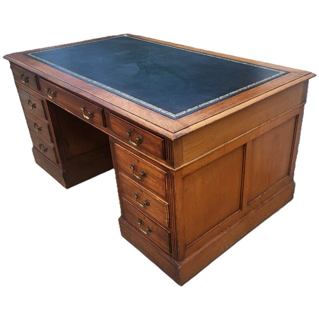 Vintage American Regency Style Tooled Leather Top Writing Executive Desk For Sale - Image 4 of 15
