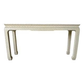 Vintage Baker Furniture Asian Style Console Table With Ivory Raffia / Grasscloth Textured Finish For Sale