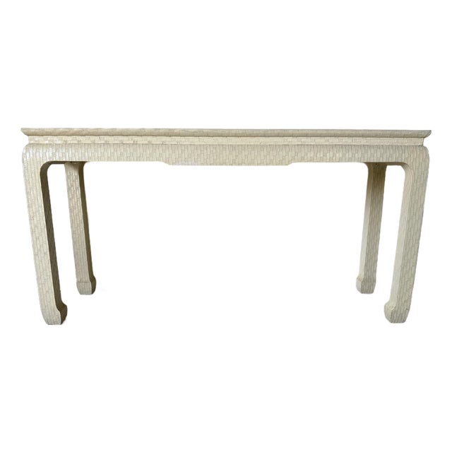 Vintage Baker Furniture Asian Style Console Table With Ivory Raffia / Grasscloth Textured Finish For Sale