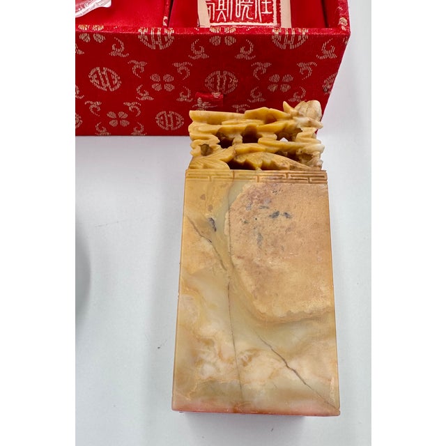 Textile Vintage Chinese Dragon & Phoenix Hand Carved Soapstone Seal & Red Ink Pot Set For Sale - Image 7 of 13