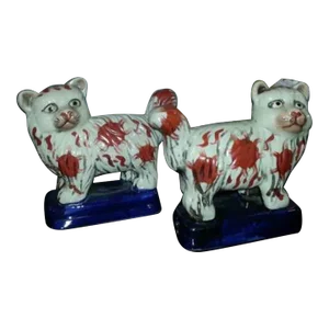 19th Century Victorian Staffordshire Matching Ceramic Cats on Gold Trim Navy Blue Pillows- a Pair