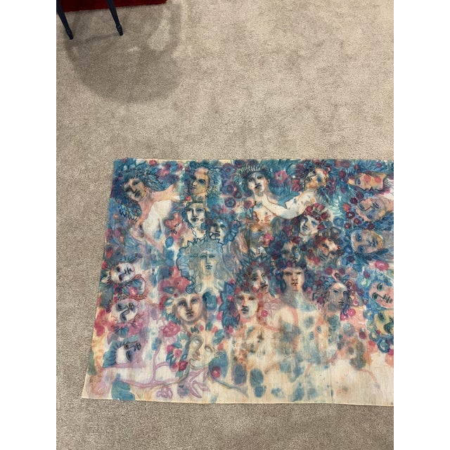 Ethereal Watercolor Style, Crowd of Faces Decorative Textile Artwork Signed Saint Amant For Sale - Image 4 of 16