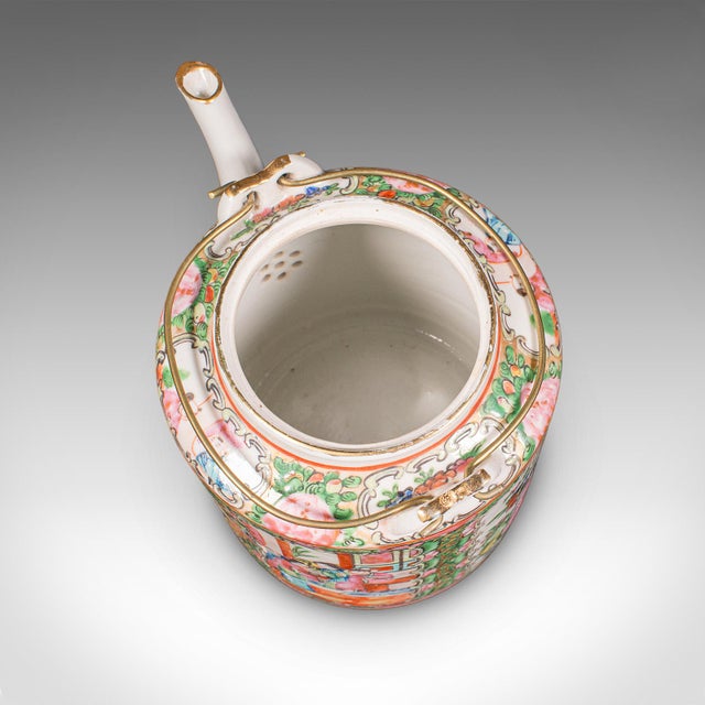 White Antique Famille Rose Teapot, Oriental, Ceramic Chá Pot, Wicker Case, Circa 1920 For Sale - Image 8 of 12