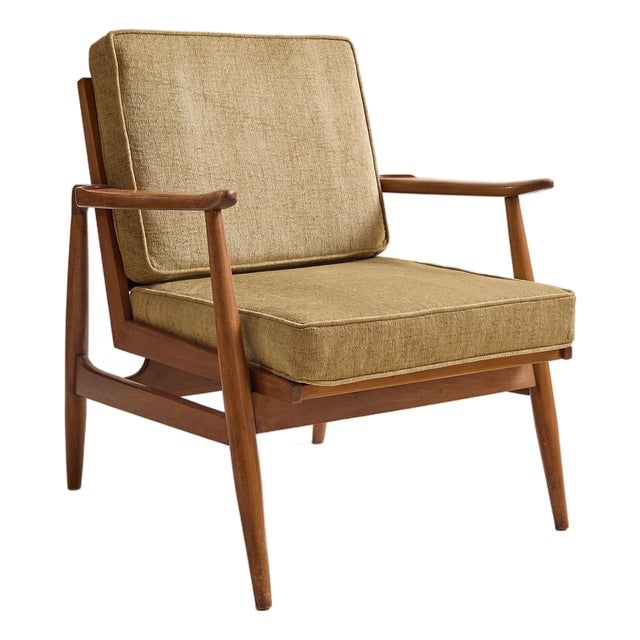 The Vintage MCM Teak Exposed Frame Arm Chair With Brass Caps, Newly Upholstered For Sale