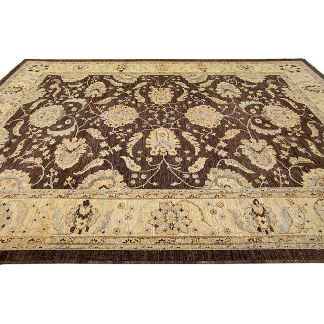 2010s Modern Peshawar Handmade Palmettes Motif Brown Wool Rug For Sale - Image 5 of 9