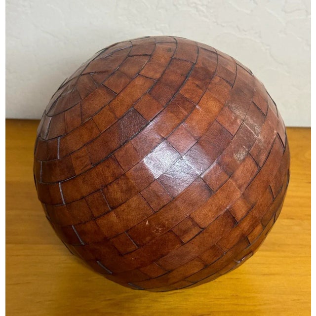 Vintage Large Basket Weave Leather Clad Wood Decorative Ball Sphere Orb For Sale - Image 4 of 12