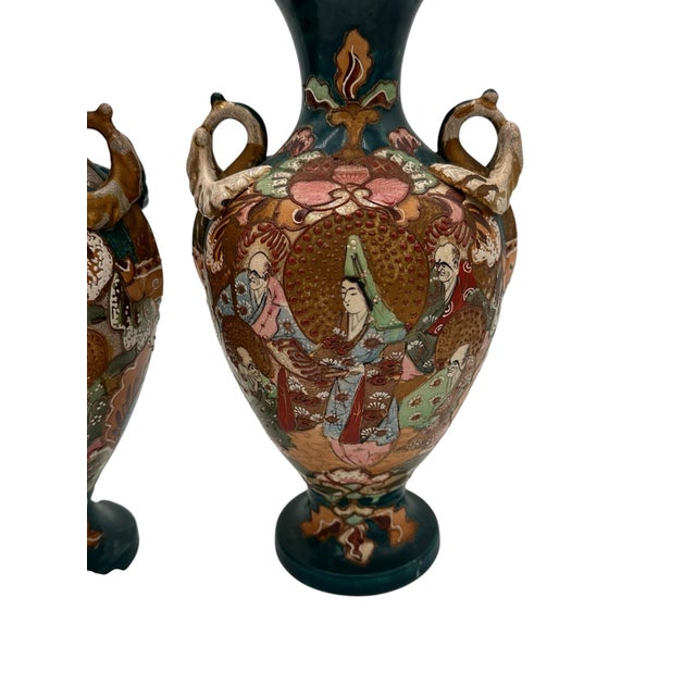 Ceramic Pair of Early 20th Century Japanese Hand-Painted Satsuma Vases For Sale - Image 7 of 11
