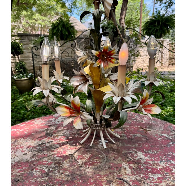 Vintage 1960’s Italian Hand Painted Polychrome 5 Arm Metal Tole Chandelier With Lilies For Sale - Image 10 of 12