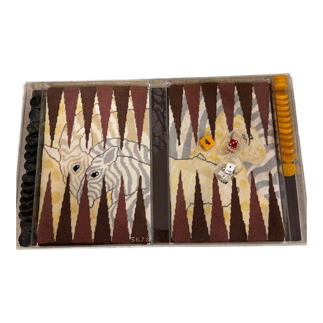 Vintage Lucite and Needlepoint Backgammon Set With Zebra Motif, 1960s–1970s For Sale