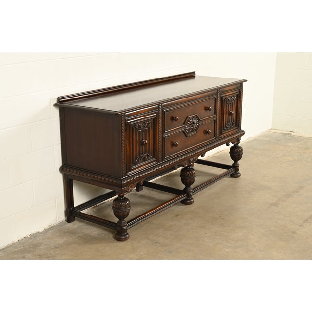 Berkey & Gay Berkey & Gay Antique English Jacobean Carved Walnut and Burl Wood Sideboard, Circa 1920s For Sale - Image 4 of 14