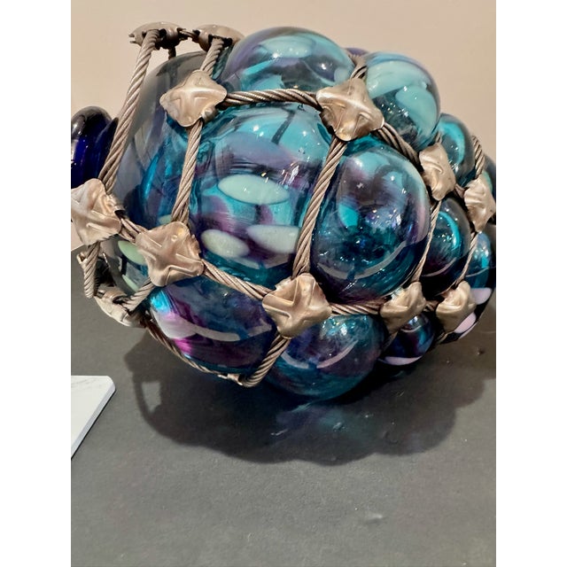 Glass Bryan Duncan Glass Oregon Coast Large Blown Art Glass Orb, Steel Cable Net, 2003 For Sale - Image 7 of 7