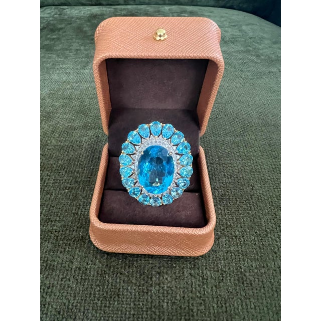 Blue Bochic "Capri" Vintage Diamond & Oval Shape Blue Topaz & Set In 18K Gold & Silver For Sale - Image 8 of 18