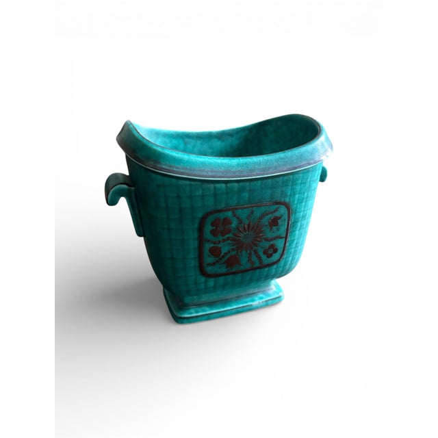 1940s 1940s Wilhelm Kåge for Gustavsberg Floral “Argenta” Teal Stoneware Vase, Sweden For Sale - Image 5 of 7