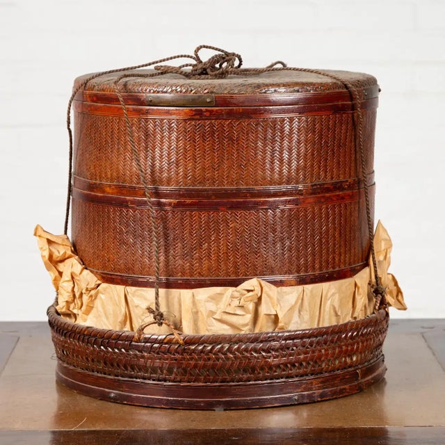 19th Century Chinese 19th Century Tiered Food Basket with Stacking Parts, Paper and Rope Ties For Sale - Image 5 of 13