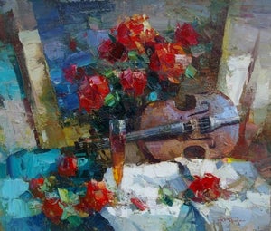 Roses Still Life Oil Painting, Soviet Ukrainian Art 59-69