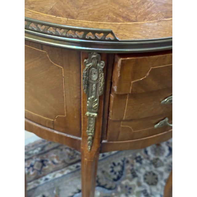 Brown Pair of Vintage Louis XV Style Demilune Nightstands French Inlaid 3 Drawer Tables For Sale - Image 8 of 17