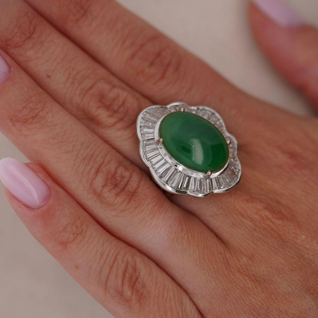 Green Gia Cert. 8 Carat Burma Jadeite Jade & Diamond 18k White Gold Ballerina Ring, Size 6.25 For Sale - Image 8 of 9