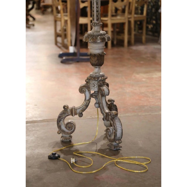 Italian Mid-19th Century Italian Carved Polychrome Wood Floor Lamp With Scroll Base For Sale - Image 3 of 10