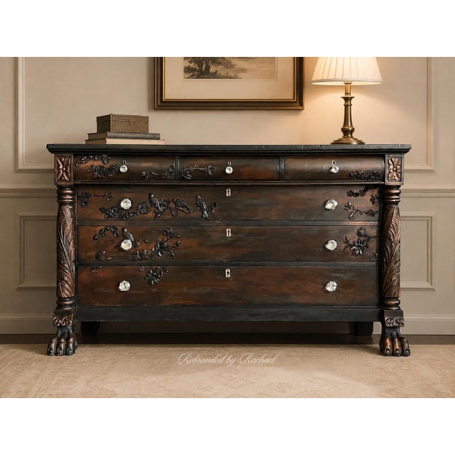 1940s Antique Empire-Style Hand-Painted Dresser With Botanical & Bird Moulds, Claw Feet For Sale - Image 5 of 6