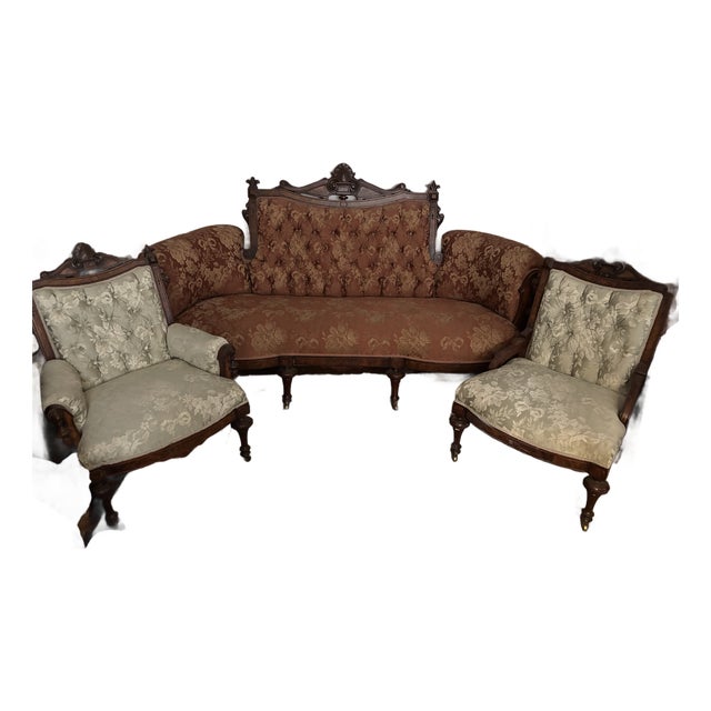 Ornate Antique Victorian - Style Carved Wood Sette and Two Matching Chairs For Sale