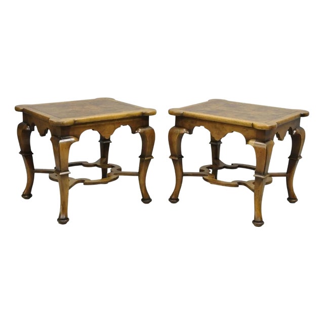 Vintage Baker Regency Style Burlwood Walnut Low Side End Tables - A Pair For Sale