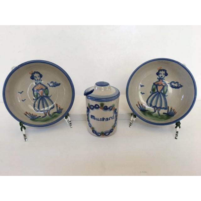 Offering a set of 2 bowls with the "Farmers Wife" on them and 1 floral lidded "Mustard" jar. This set of hand painted...