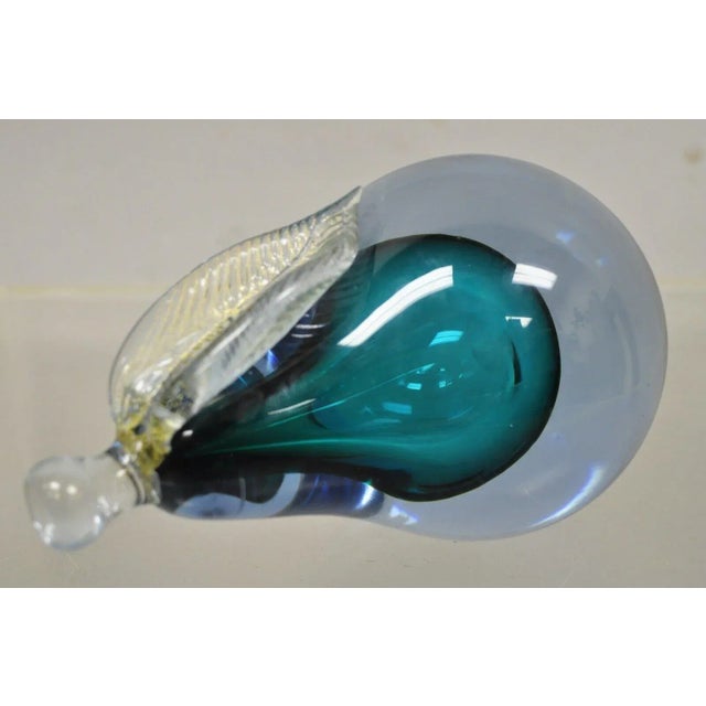 Blue Italian Murano Blue 7" Blown Art Glass Pear Fruit Gold Flecks Leaf Paperweight For Sale - Image 8 of 11