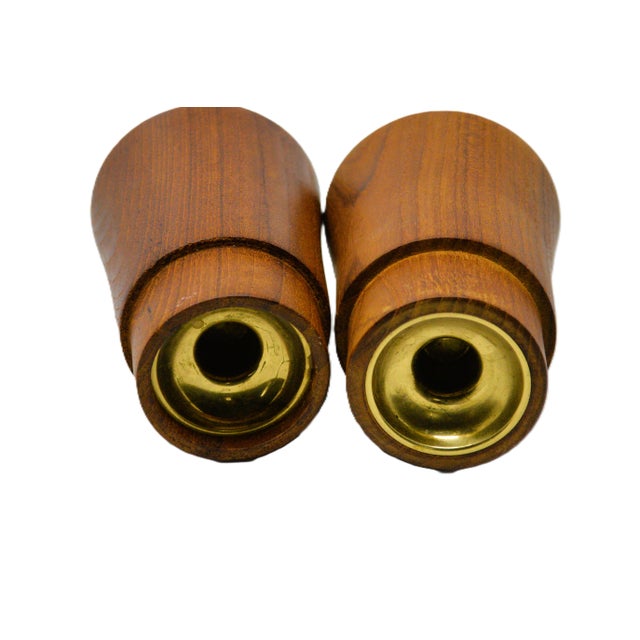 1970s Dansk Jens Quistgaard Teakwood Brass Glass Hurricane Candleholders a-Pair For Sale - Image 5 of 6