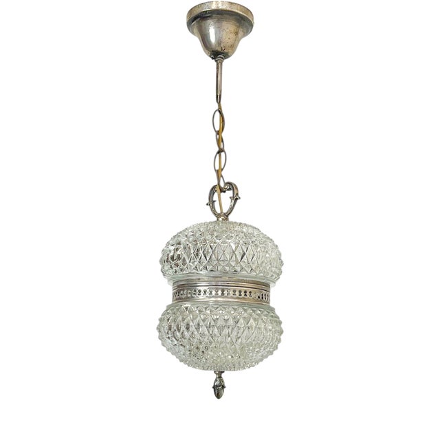 Vintage French Cut Pressed Glass Spheres Pendant Lamp, 1940s For Sale