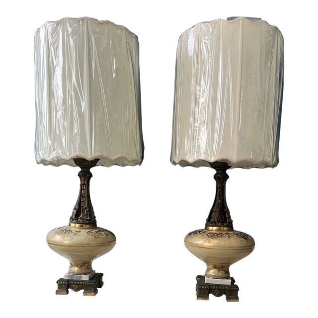 Monumental Hollywood Regency Marble, Hand-Painted Glass & Bronze Table Lamps — 40.75” - a Pair For Sale