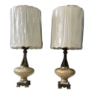 Monumental Hollywood Regency Marble, Hand-Painted Glass & Bronze Table Lamps — 40.75” - a Pair