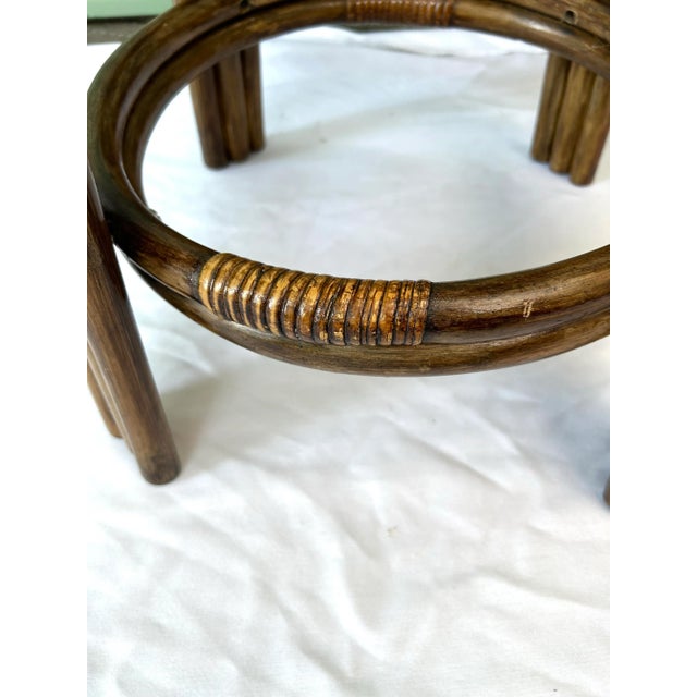 Wood Pair of Vintage Rattan Counter Stools With Embroidered Aviary Seats For Sale - Image 7 of 11