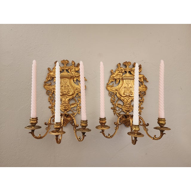 Antique 19th C Pair French Napoleon III Gilt Bronze Louis XVI Style Sconces For Sale - Image 4 of 16