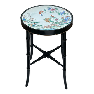 18th Century Chinese Famille Rose Charger Table, Faux Bamboo Stand, Glass Top