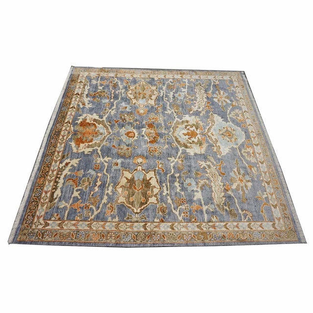 Indian Sultanabad Silk 6x6 Blue, Orange & Ivory Handmade Square Area Rugs #1143145 For Sale - Image 4 of 14